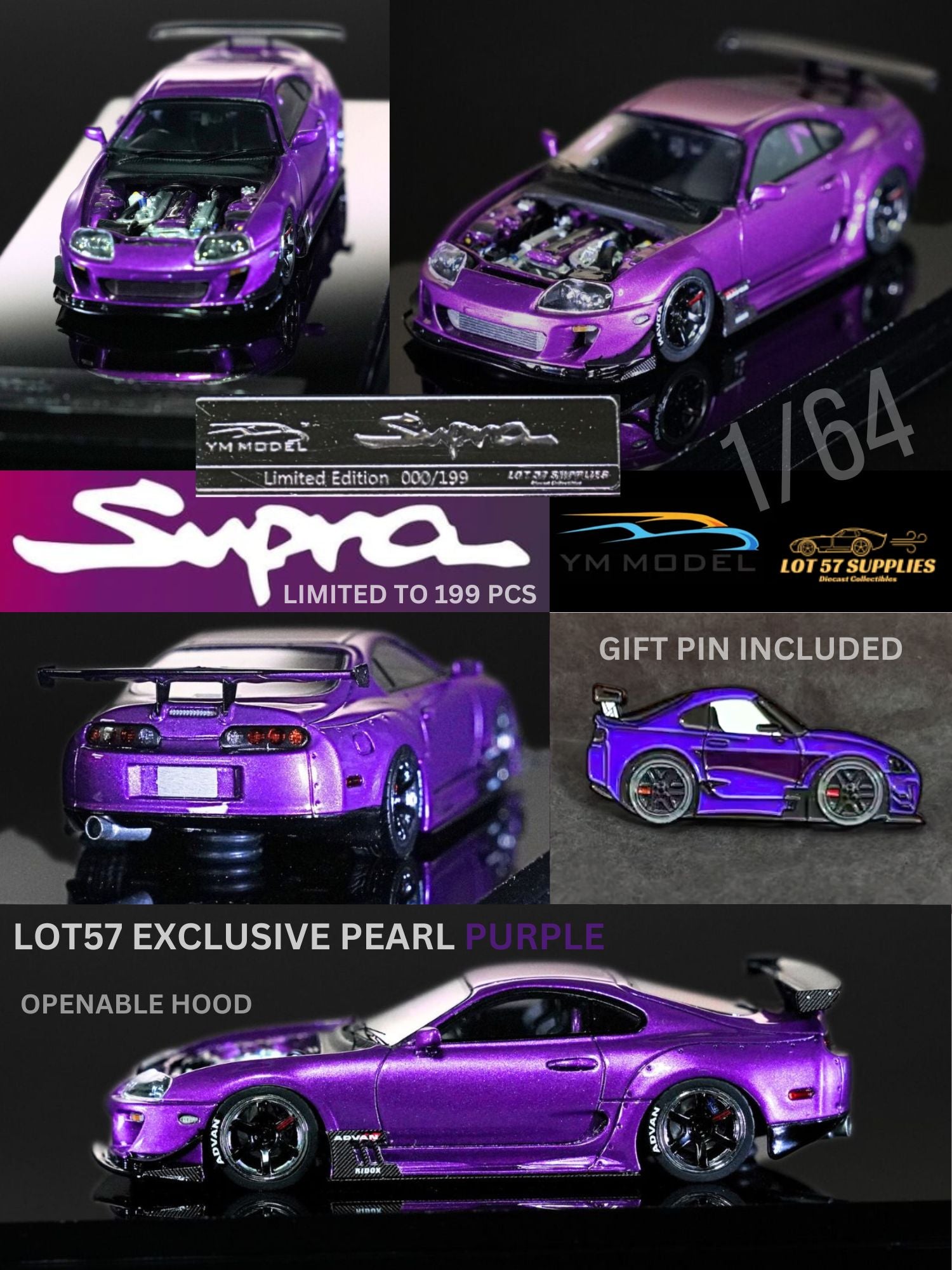 YM Model X LOT 57 Exclusive Toyota Supra JZA80 Limited to 199 Pcs + Bonus  Gift Custom Pin 1:64