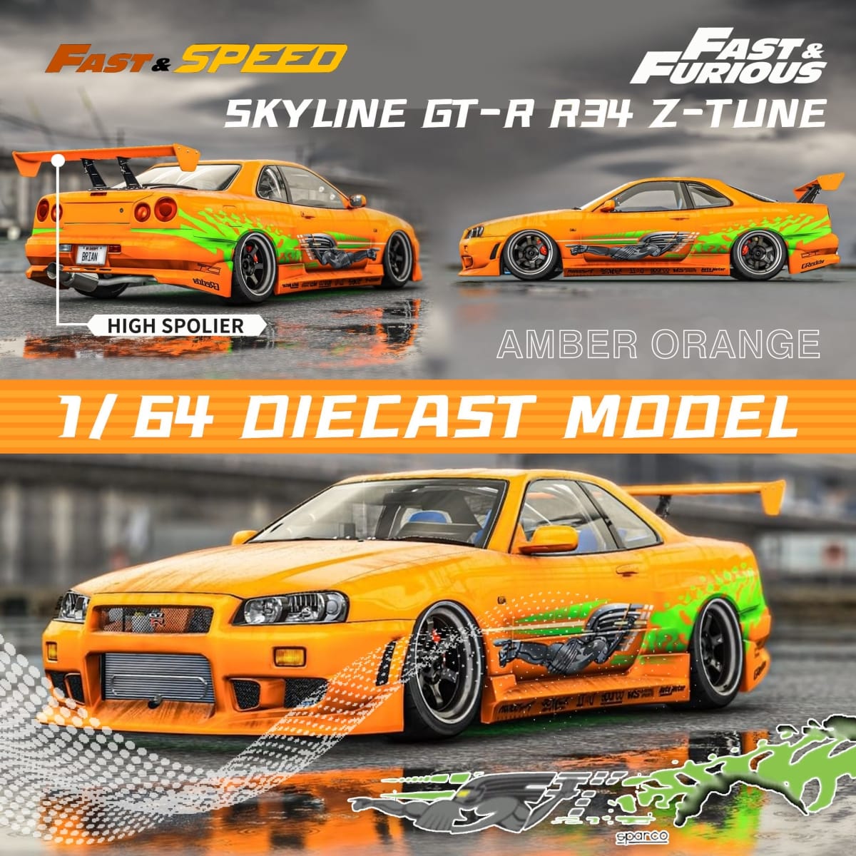 (Pre-Order) Fast Speed Nissan Skyline GT-R R34 Z-Tune HighWing Edition FNS Livery Amber Orange 1:64