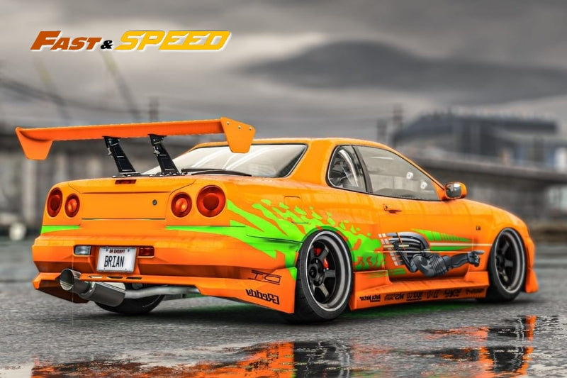 (Pre-Order) Fast Speed Nissan Skyline GT-R R34 Z-Tune HighWing Edition FNS Livery Amber Orange 1:64