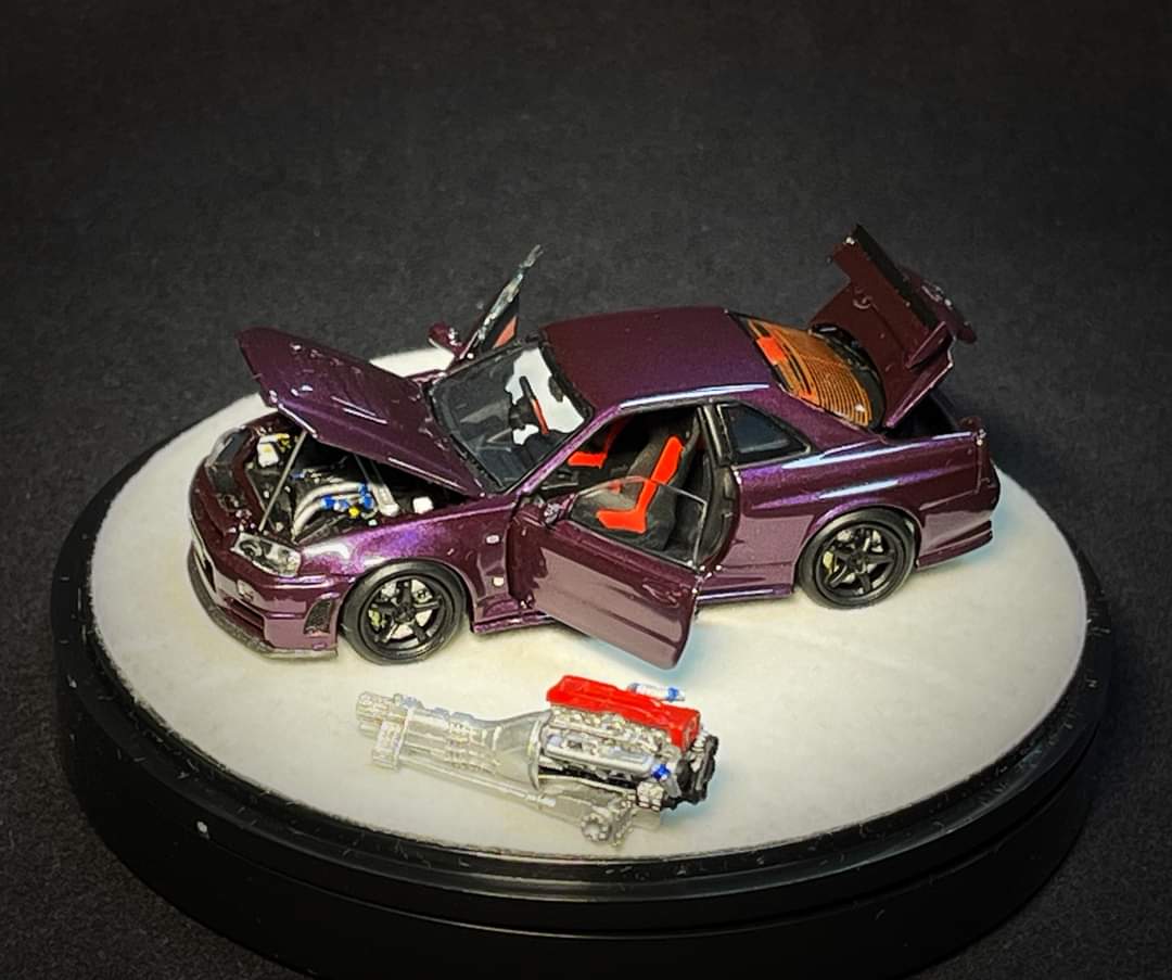 PGM X ONE MODEL Nissan Skyline R34 Z-TUNE Midnight Purple Fully Openable  With Engine Included Luxury Base 1:64 PGM-641003