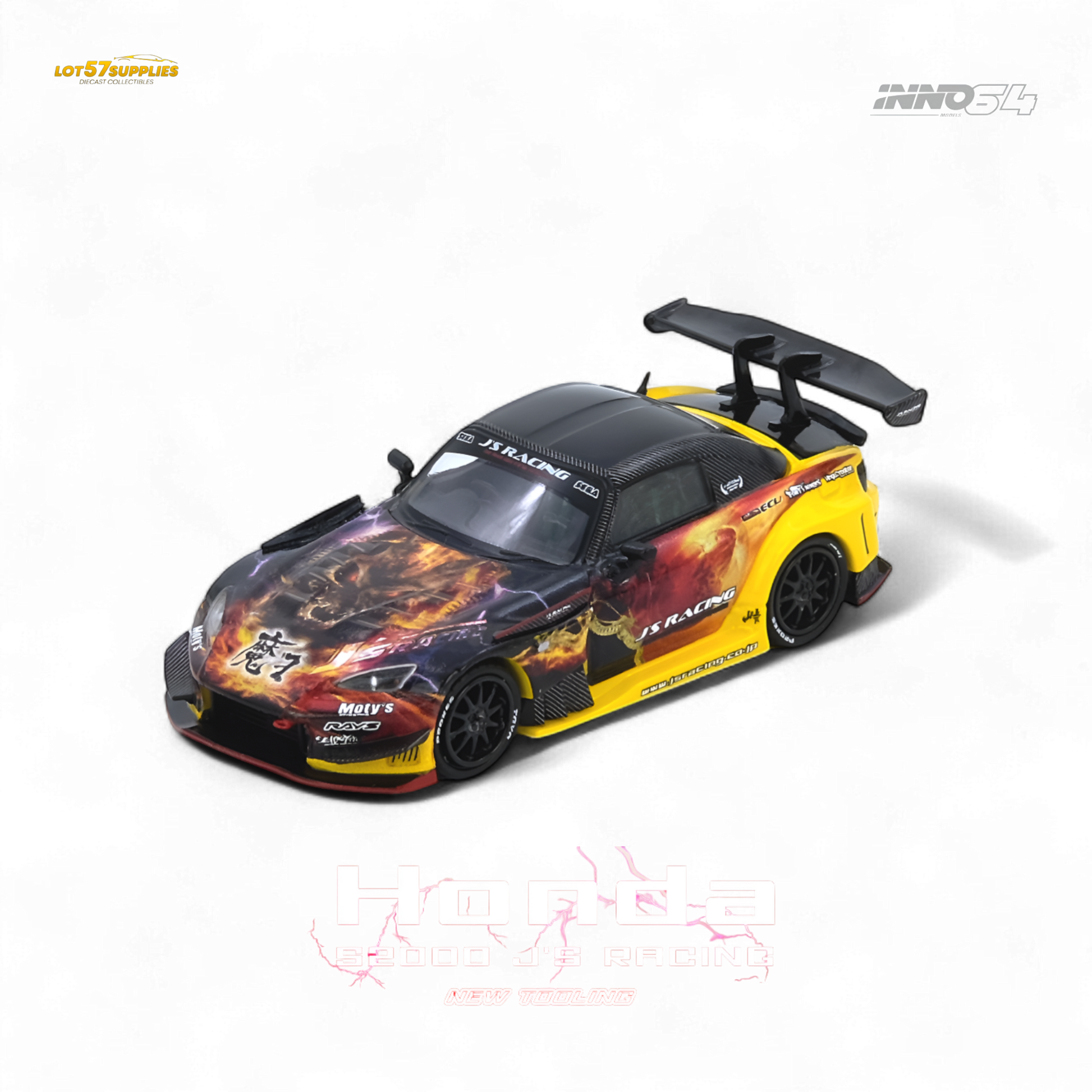 Model car with flames and racing decals on a white background