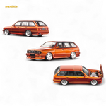 Three views of an orange car on a white background