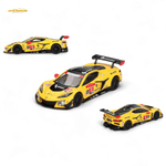 Three yellow race cars with black details on a white background