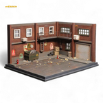 Model of a detailed building with a garage and various elements on a white background