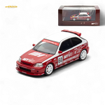 Red and white model car with racing decals on a white background