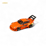 Orange model car with black accents on a white background