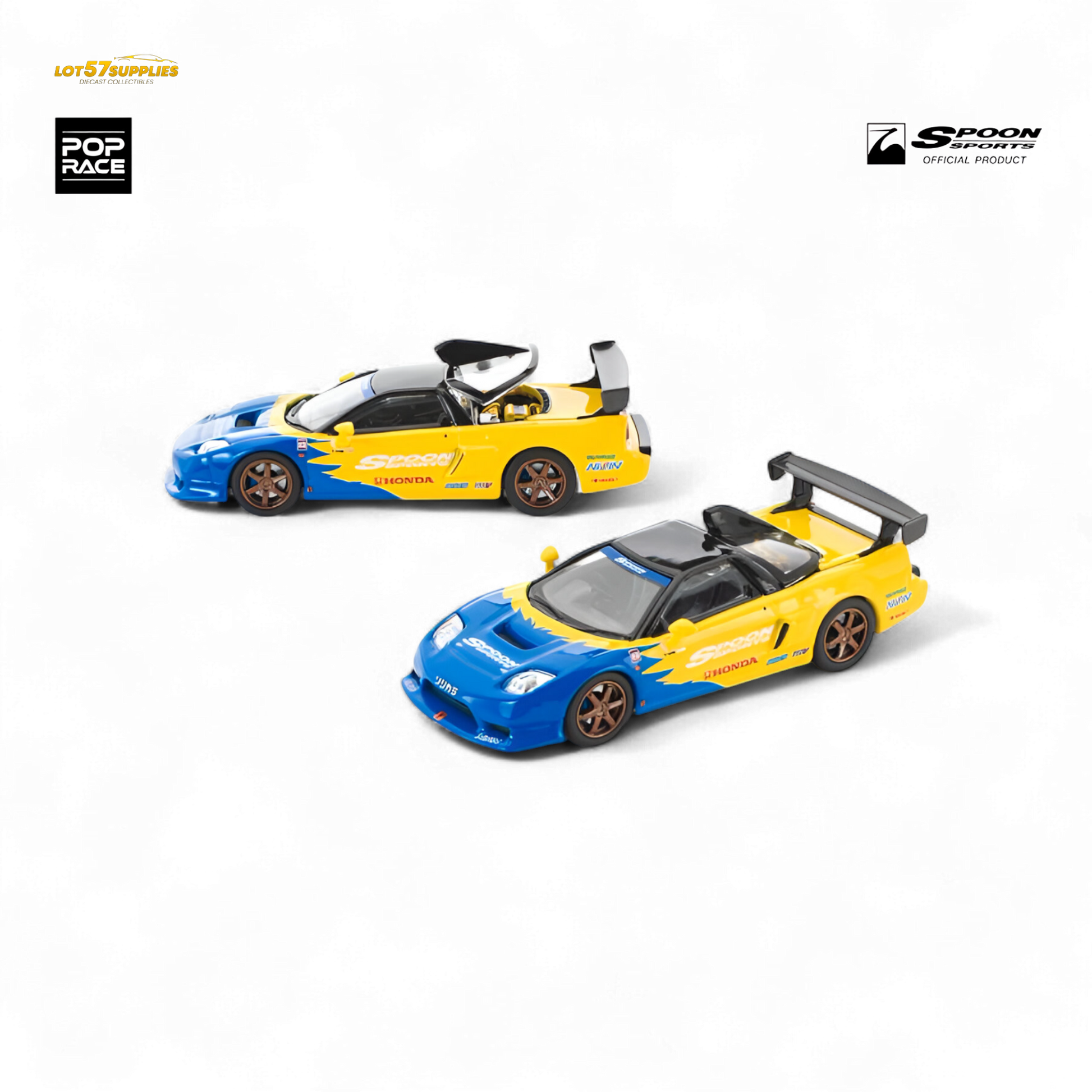 Two toy cars, one blue and yellow, the other yellow and blue, on a white background with branding logos.