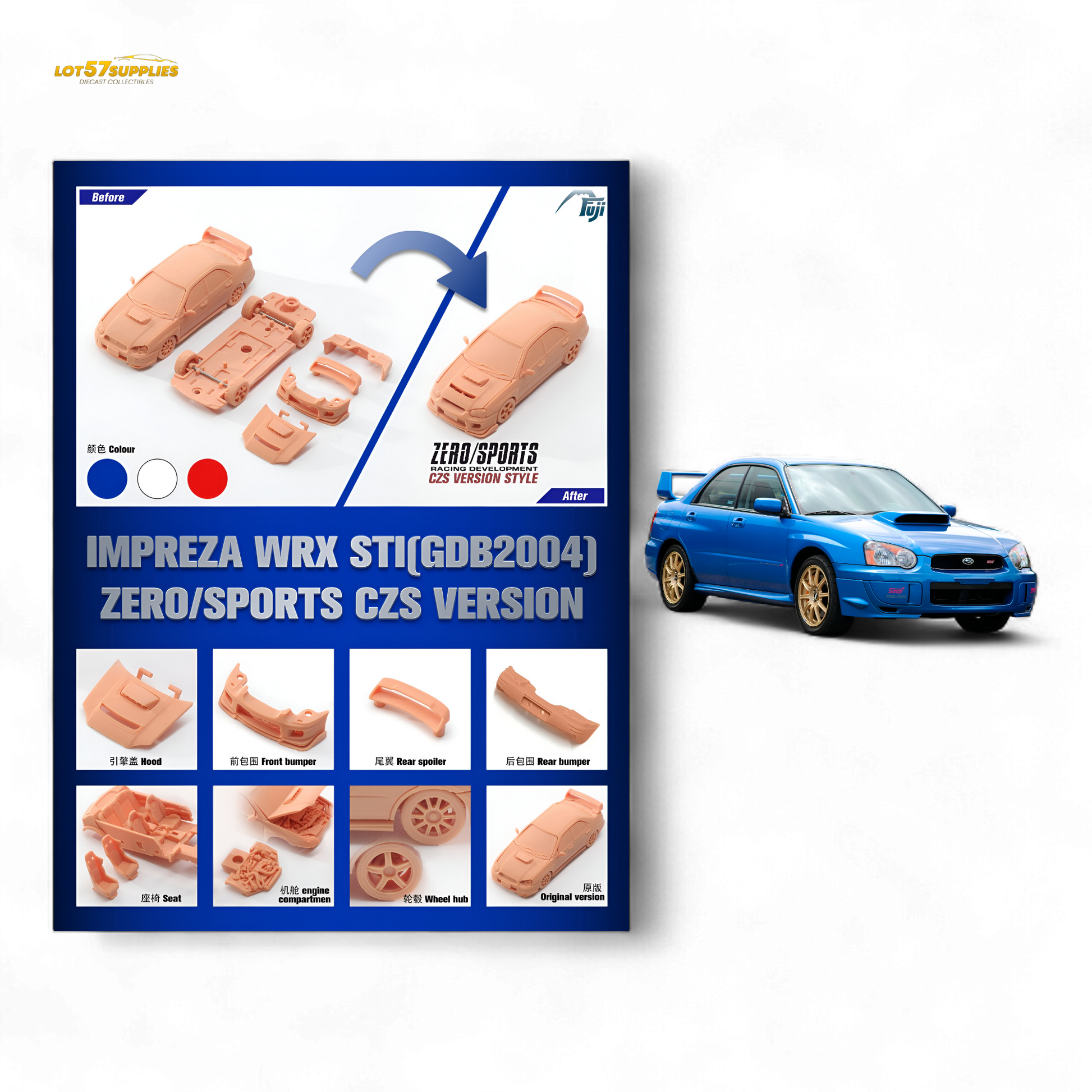 Model car kit packaging for Subaru Impreza WRX STI with a blue car on a white background
