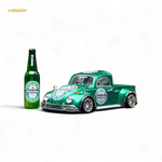 Green model truck and bottle with Heineken logo on a white background
