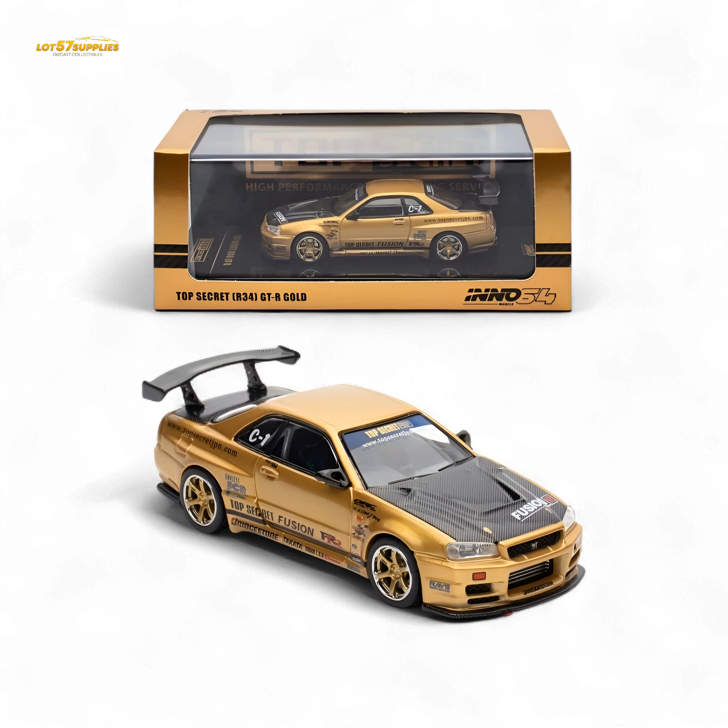Gold toy car with black roof and detailed design in front of its packaging on a white background