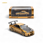Gold toy car with black roof and detailed design in front of its packaging on a white background