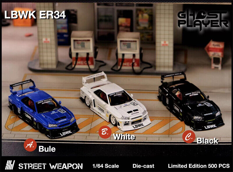 Street Weapon LBWK ER34 Nissan Skyline GT-R BLUE / WHITE / BLACK 1:64