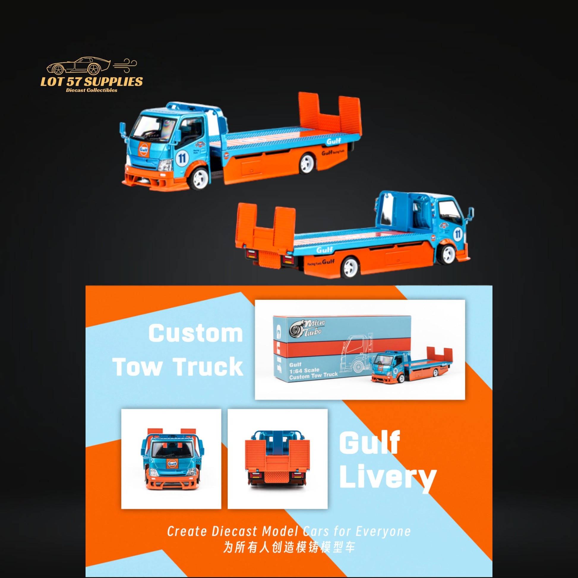 MicroTurbo HINO 300 Flat Bed Transport Truck in Gulf Livery 1:64