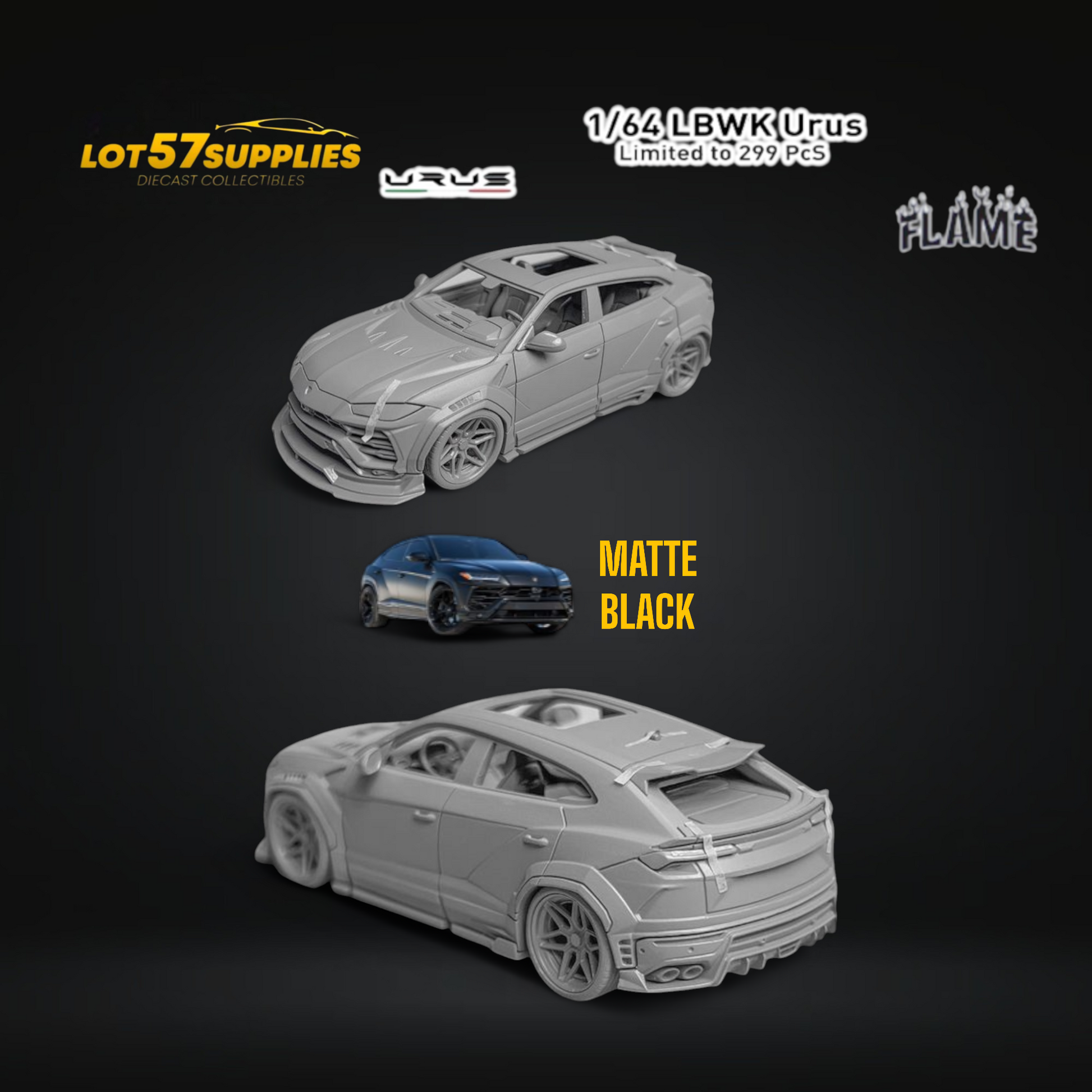 Flame Lamborghini Urus LBWK Matte Black Resin 1:64