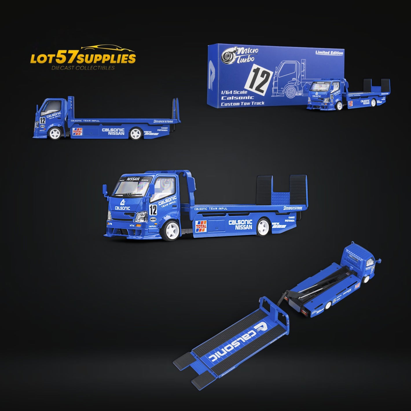 MicroTurbo HINO 300 Custom Truck Flatbed  Blue Calsonic Livery 1:64
