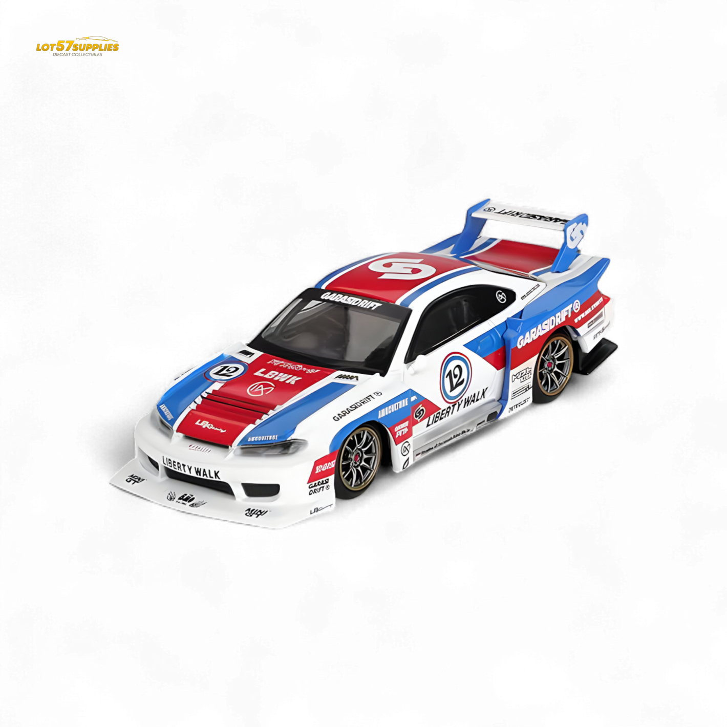 Model race car with colorful design on a white background