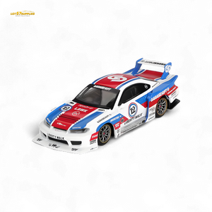 Model race car with colorful design on a white background