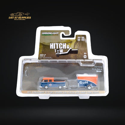 Greenlight 1975 VW T2 Type 2 Double Cab Pick-Up Gulf Oil With Trailer 1:64 LOOSE