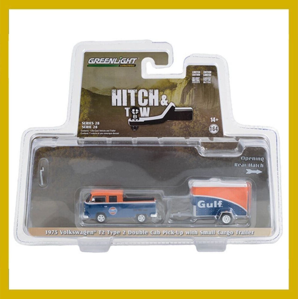 Greenlight 1975 VW T2 Type 2 Double Cab Pick-Up Gulf Oil With Trailer 1:64 LOOSE