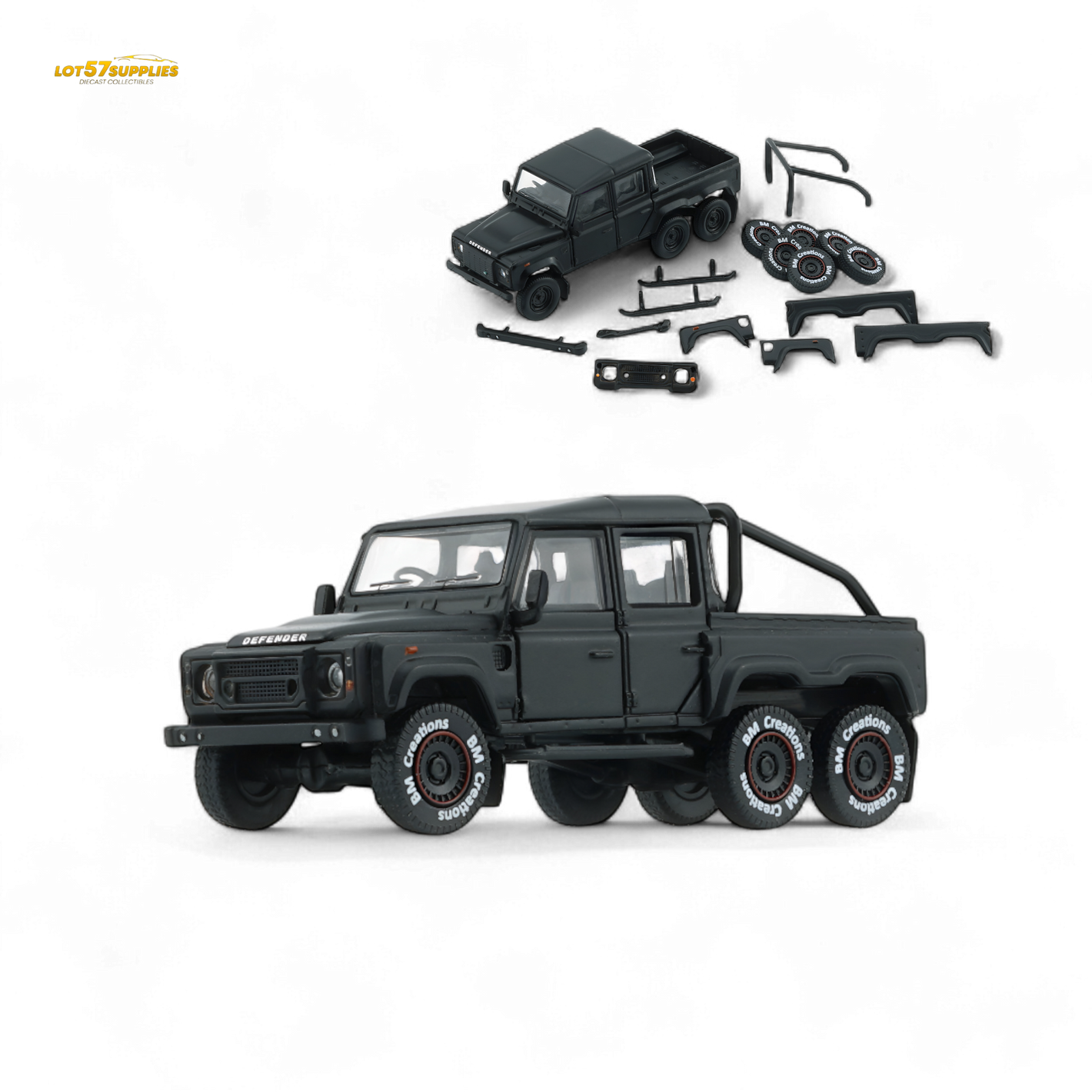 BM Creations 2016 Land Rover Defender 110 Pick Up 6x6 Off Road Matte Blk RHD 1:64