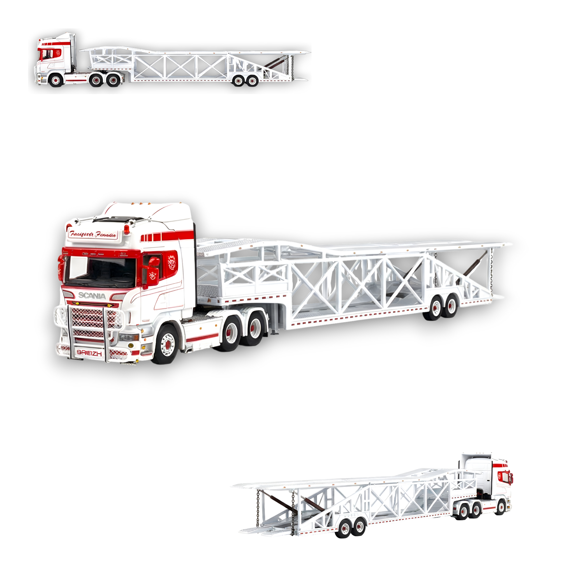 (Pre-Order) Flame Scania Car Carrier Transport Truck Red White 1:64 - Limited to 299 Pcs - Image 1
