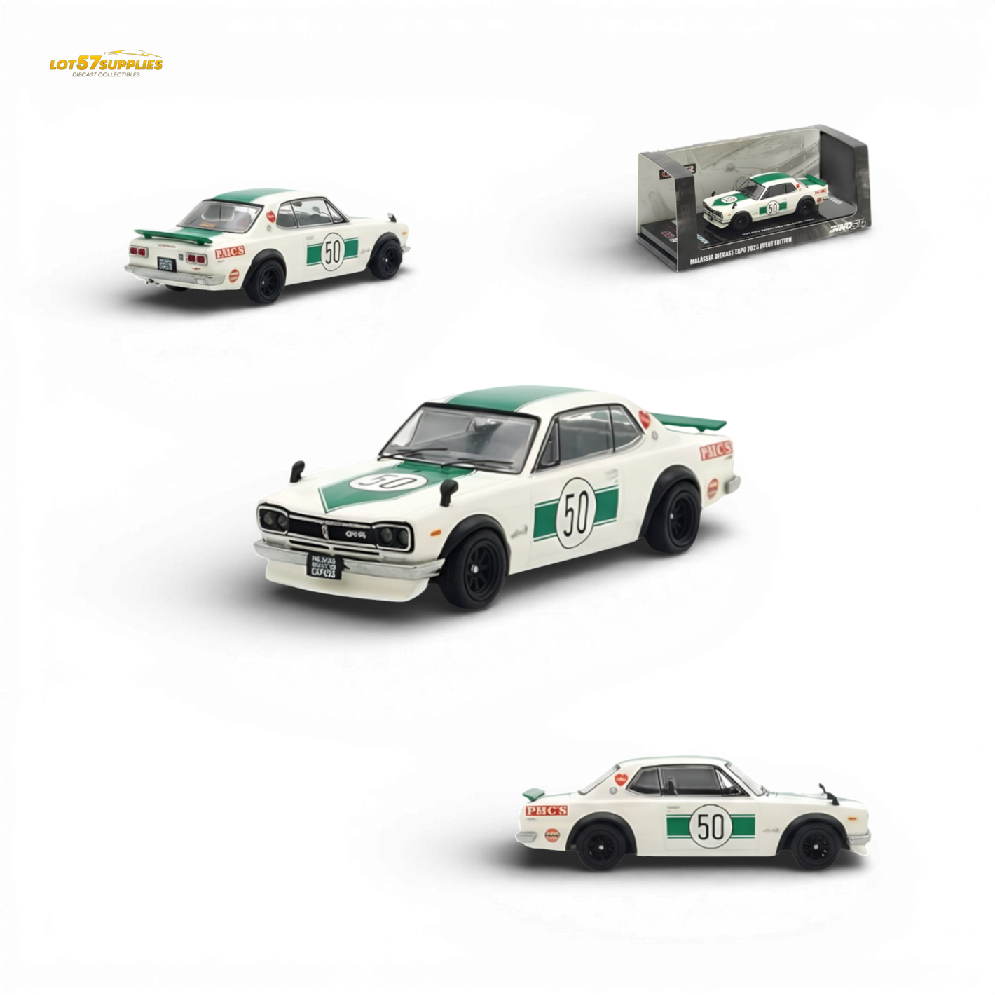 Inno64 Nissan Skyline 2000 GT-R KPGC10 #50 Green | White Malaysia Expo 1:64 - Image 1