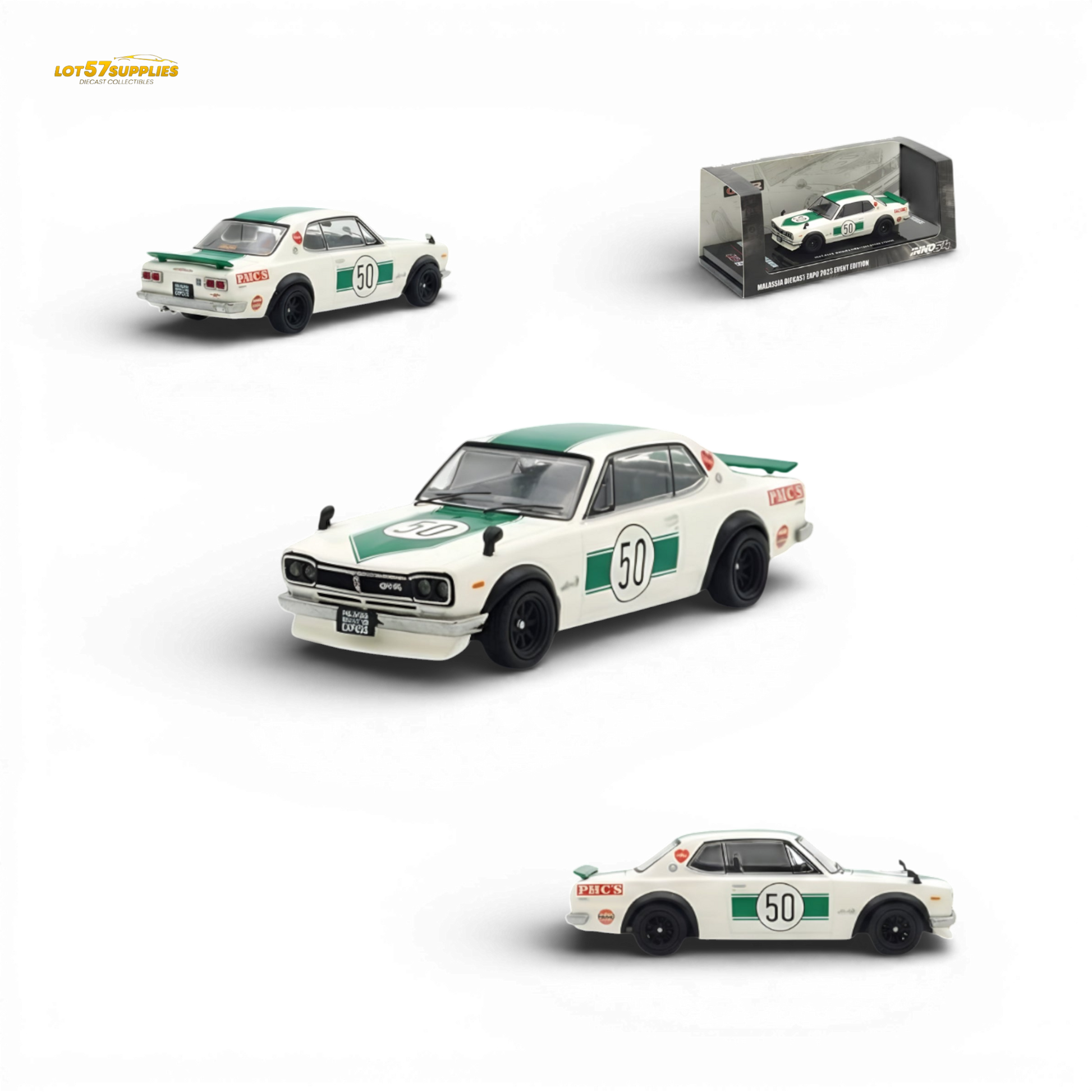 Inno64 Nissan Skyline 2000 GT-R KPGC10 #50 Green | White Malaysia Expo 1:64 - Image 1