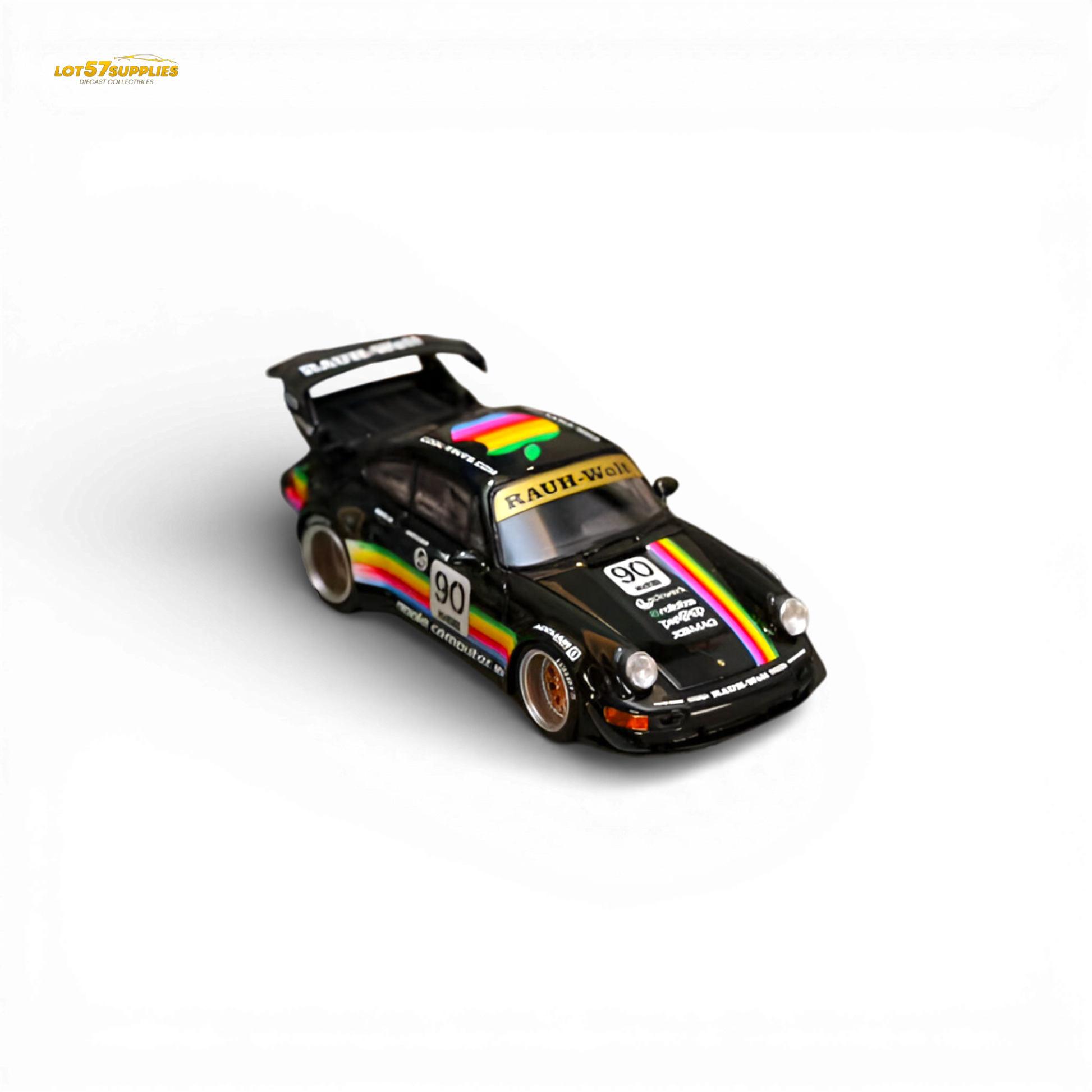 SW RWB 964 Wide-Body Black Apple 1:64 scale diecast model car front quarter view