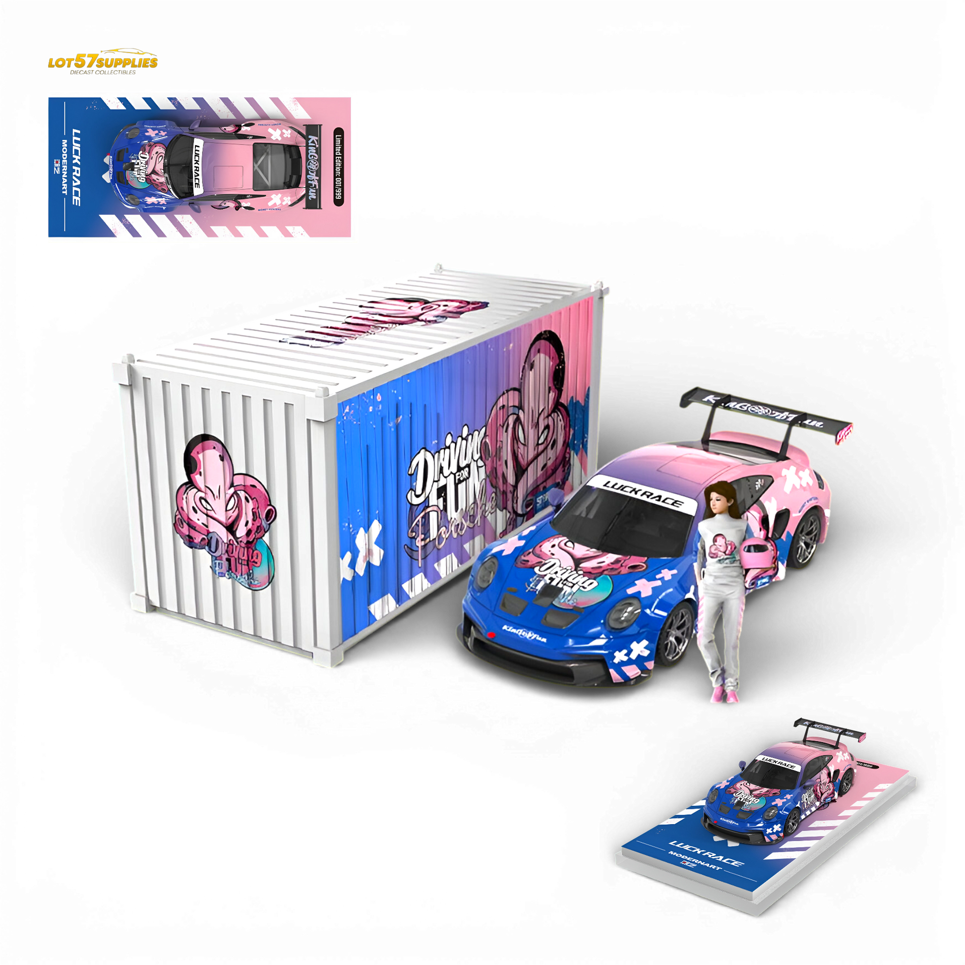 MD & LUCKRACE Porsche 911 GT3 Crazy Octopus Blue Pink 1:64 Scale Diecast Model Container Set with Figure
