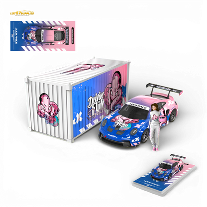 MD & LUCKRACE Porsche 911 GT3 Crazy Octopus Blue Pink 1:64 Scale Diecast Model Container Set with Figure