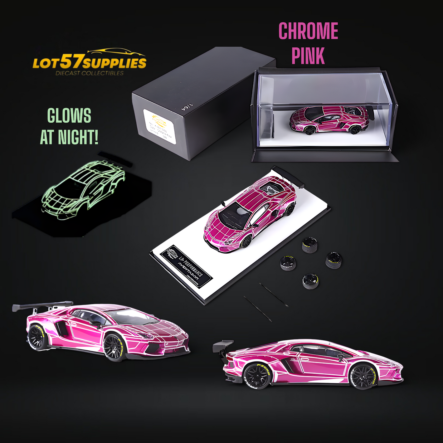 King Model Lambo Aventador LP700-4 LB 1.0 Tron Luminous CHROME PINK DELUXE 1:64