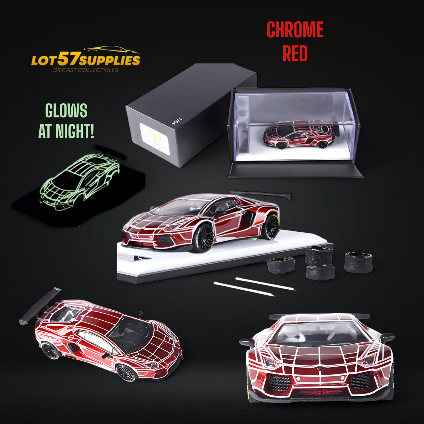 King Model Lambo Aventador LP700-4 LB 1.0 Tron Luminous CHROME RED DELUXE 1:64