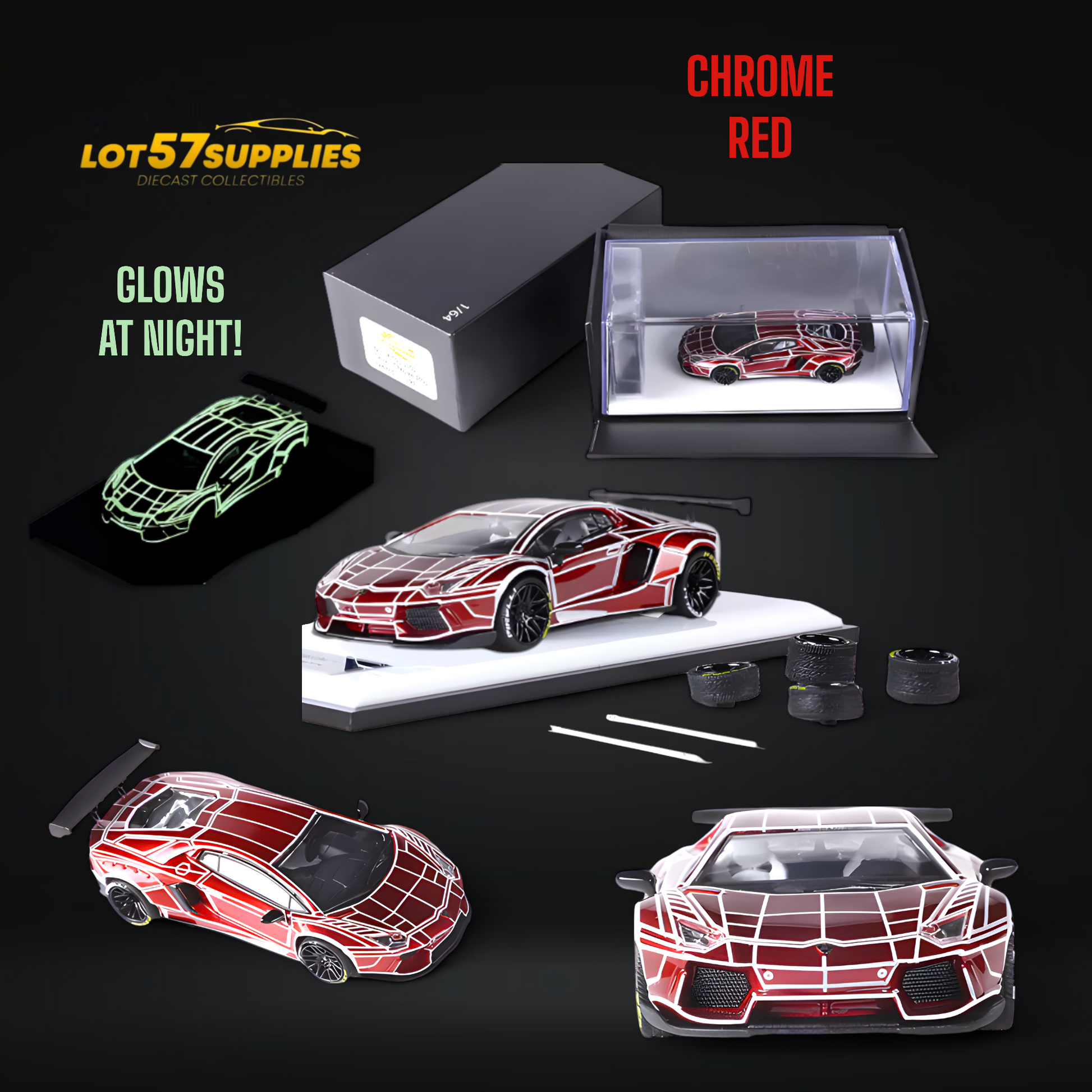 King Model Lambo Aventador LP700-4 LB 1.0 Tron Luminous CHROME RED DELUXE 1:64