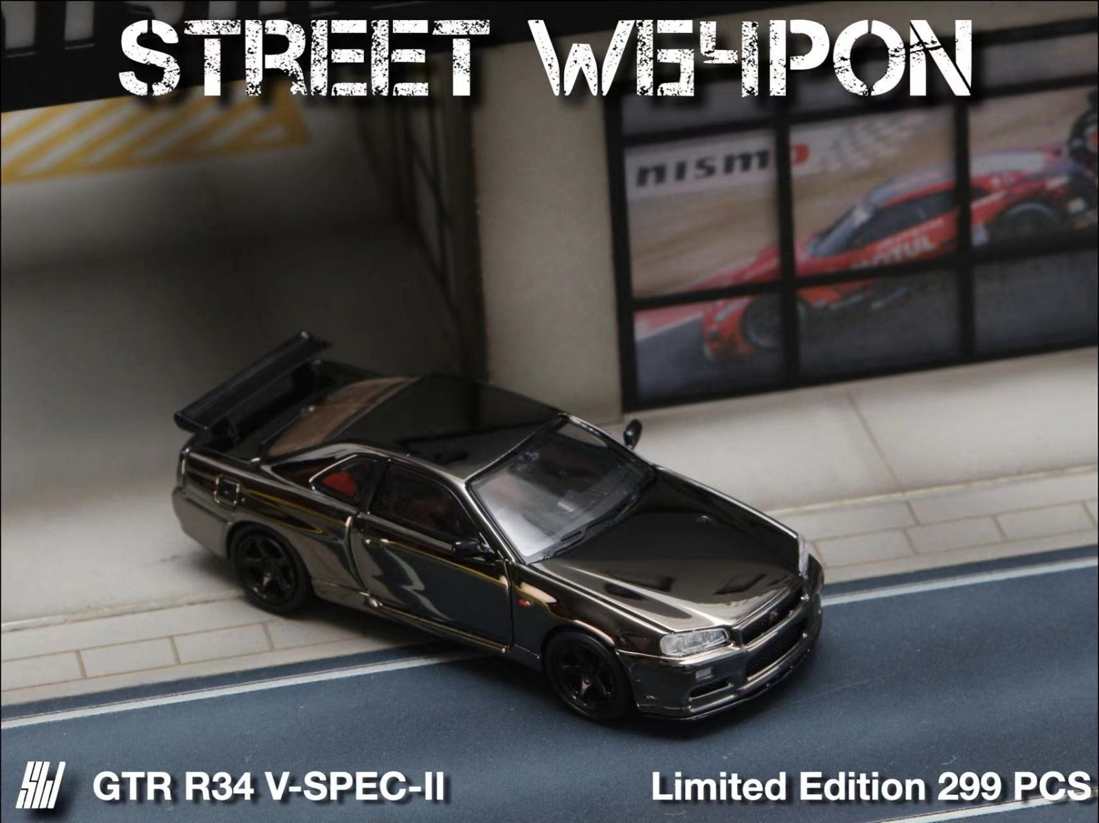 Street Weapon Skyline GTR R34 V-SPEC-II Chrome Plated Limited to 299 Pcs 1:64