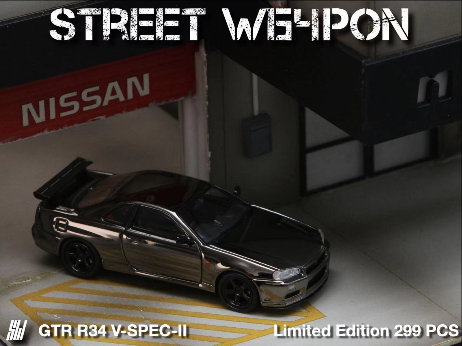 Street Weapon Skyline GTR R34 V-SPEC-II Chrome Plated Limited to 299 Pcs 1:64