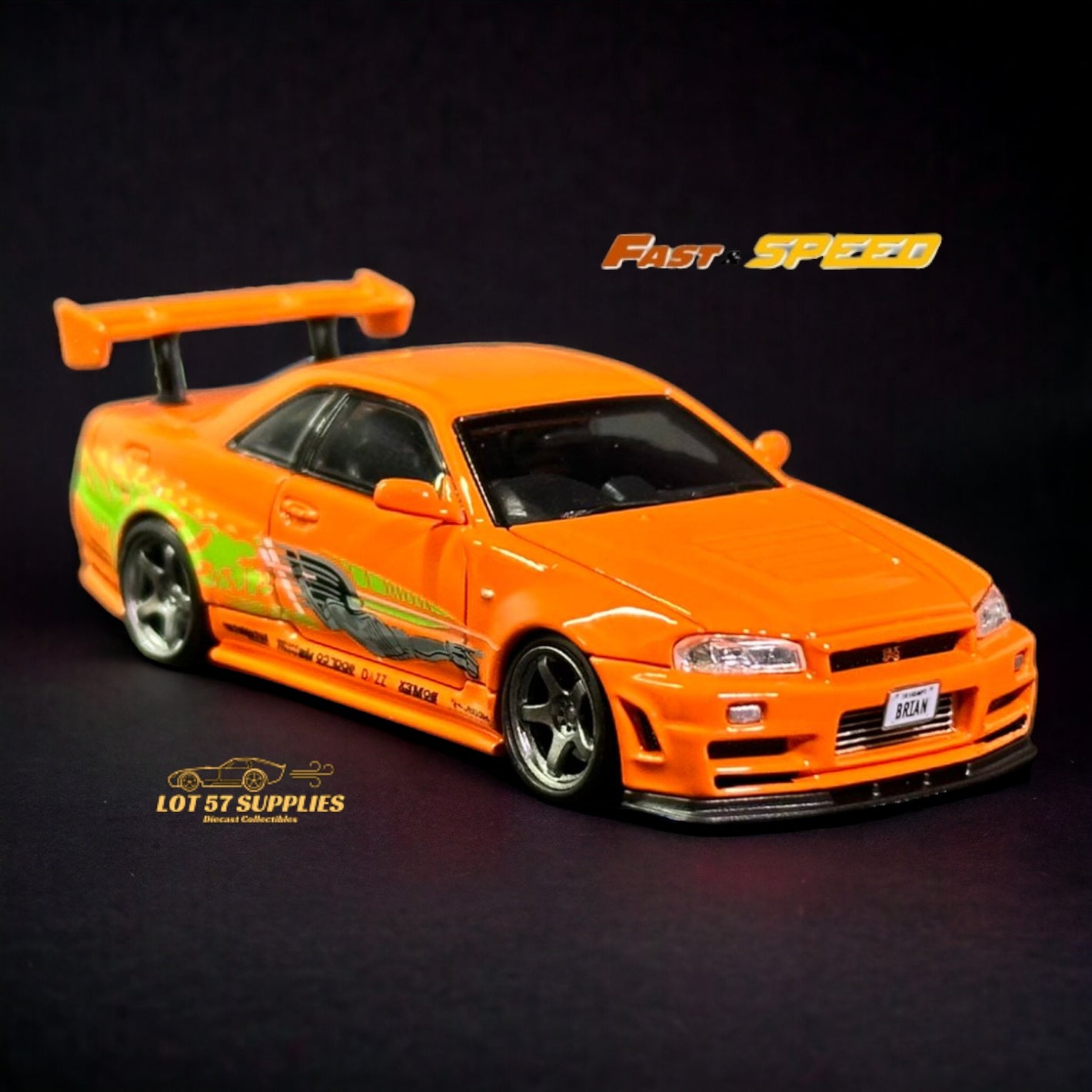 Fast Speed Nissan Skyline GT-R R34 Z-Tune HighWing Edition FNS Livery Amber Orange 1:64 Diecast Model