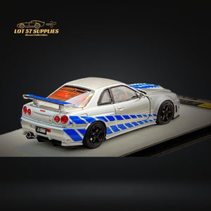 PGM X ONE MODEL Nissan Skyline R34 Z-TUNE in Silver F&F Livery Fully Openable With Engine IncludedStandard Base 1:64 PGM-641004