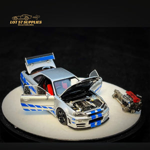 PGM X ONE MODEL Nissan Skyline R34 Z-TUNE in Silver F&F Livery Fully Openable With Engine Included Luxury Base 1:64 PGM-641004