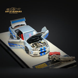 PGM X ONE MODEL Nissan Skyline R34 Z-TUNE in Silver F&F Livery Fully Openable With Engine IncludedStandard Base 1:64 PGM-641004