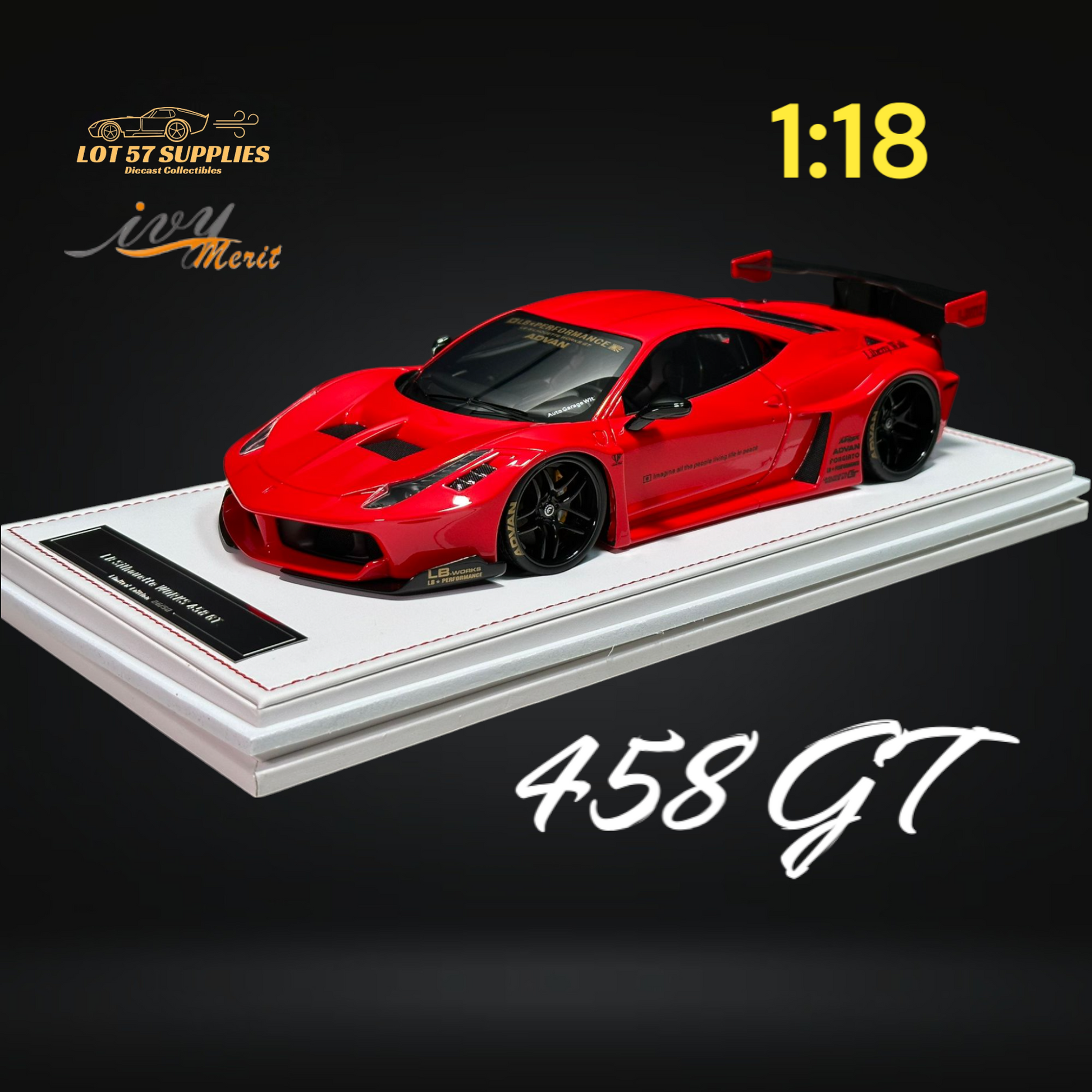 IVY MERIT 458 GT Rosso Red LBWK LB Silhouette Resin 1:18 Scale