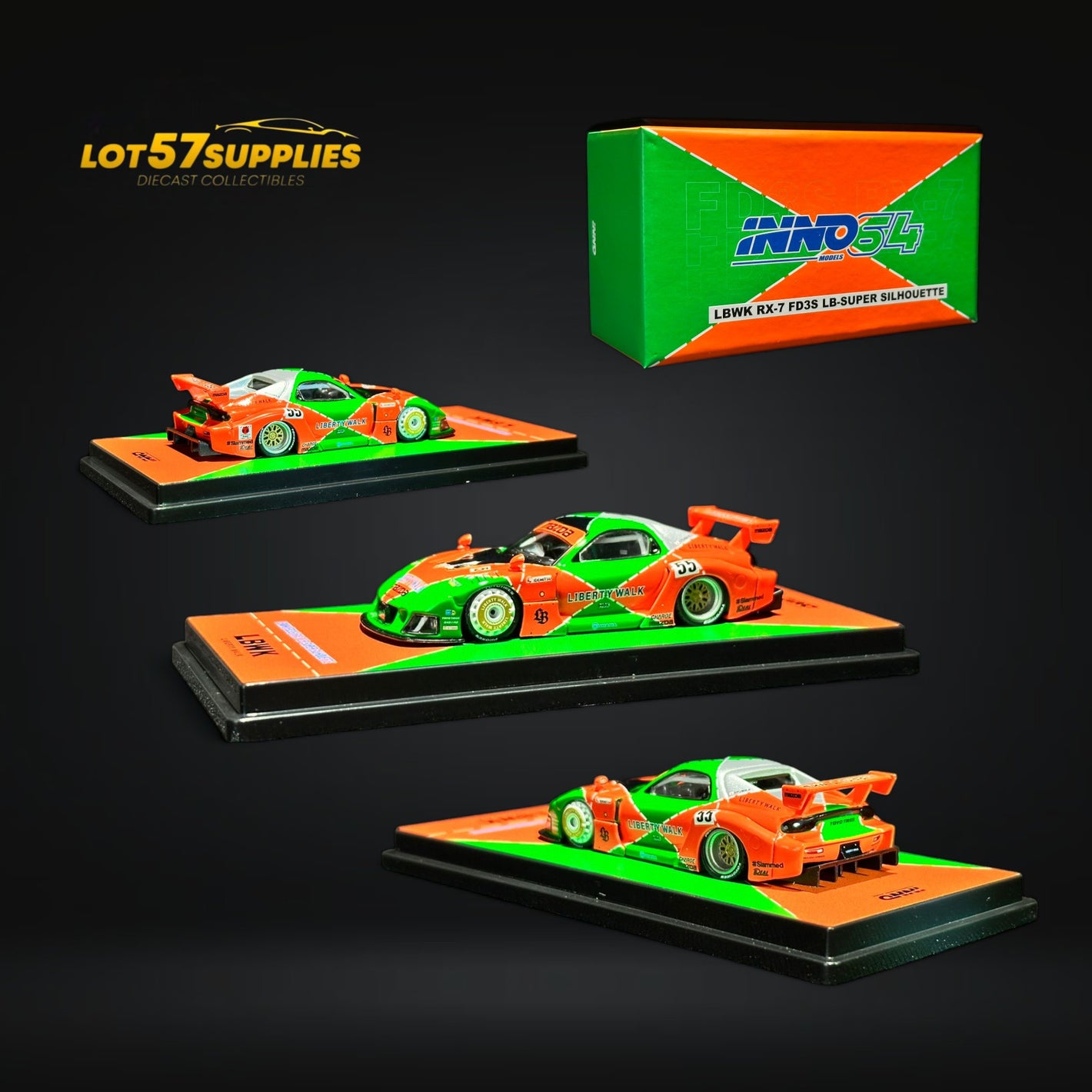 Inno64 Mazda RX-7 LBWK FD3S Orange/Green MDX 24' 1:64 IN64-LBWK-RX7-04