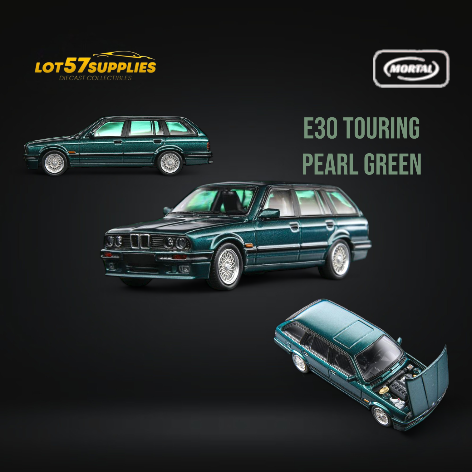 Mortal BMW E30 Touring Wagon in Pearl Green w/ Openable Hood 1:64