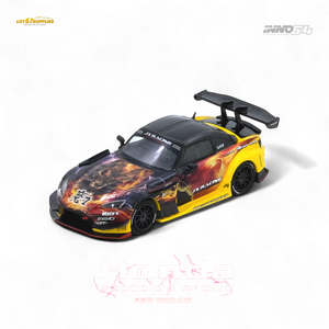 Model car with flames and racing decals on a white background