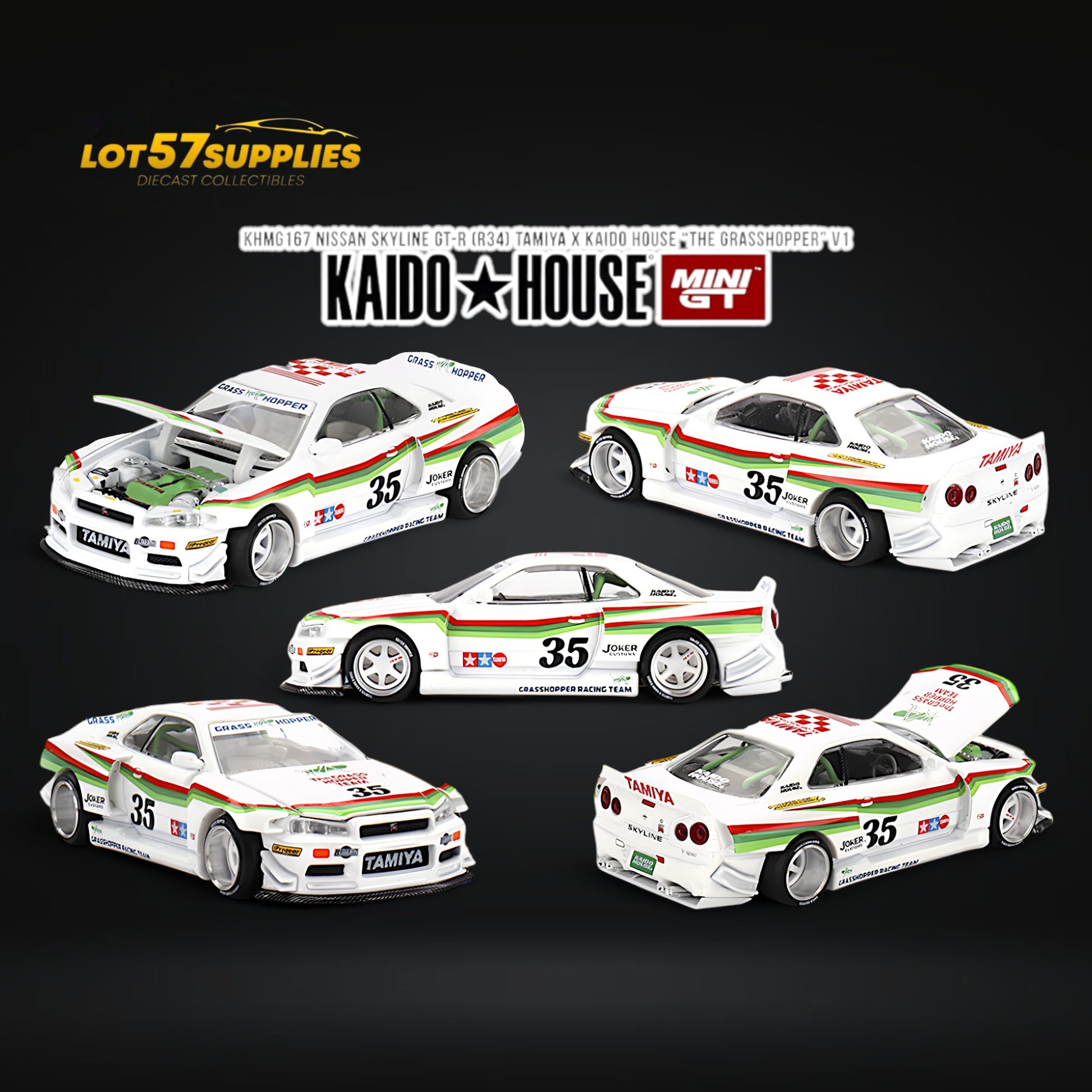 Mini GT x Kaido House Skyline GT-R R34 TAMIYA X KH "THE GRASSHOPPER" V1 1:64 KHMG167