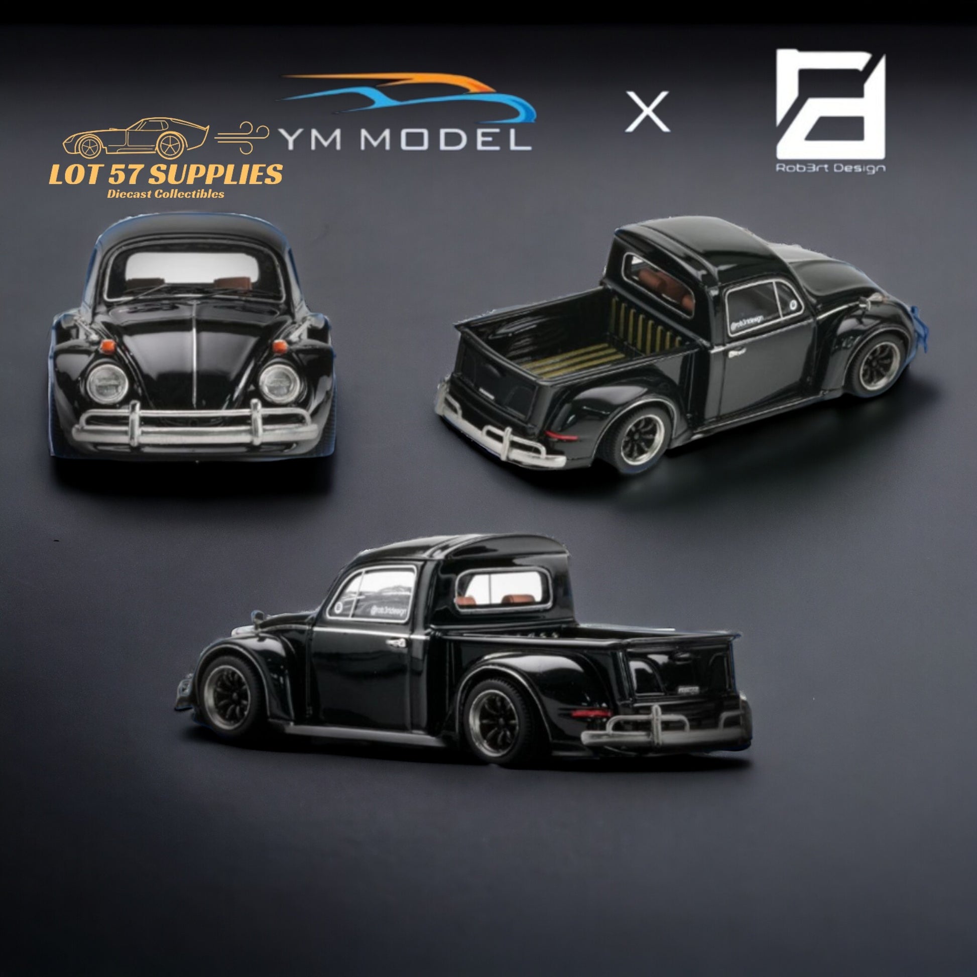 YM Model X Robert Design Volkswagen Beetle Pickup Truck FUSCUP in Black 1:64 Limited to 499 Pcs