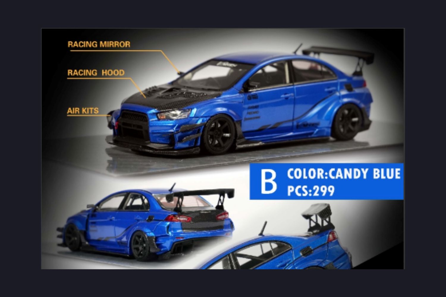 Error 404 Model Mitsubishi Evolution X Varis Widebody in Candy Blue OR  Yellow 1:64 Each Limited to 299 Pcs
