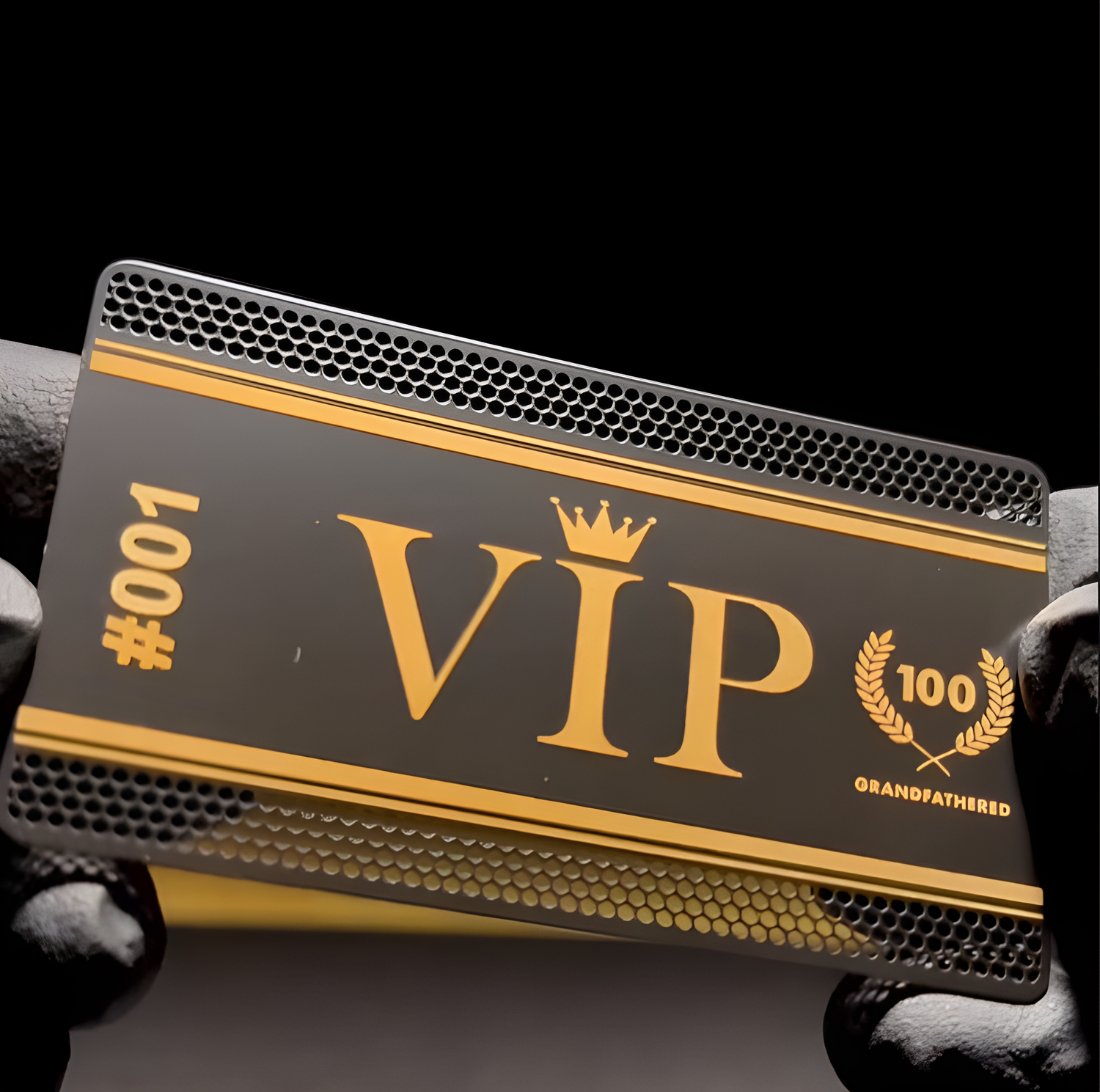 The Lot 57 VIP Card - a black metal card with slotted wholes and gold lettering that says VIP - The most exclusive members only card among diecast collectors