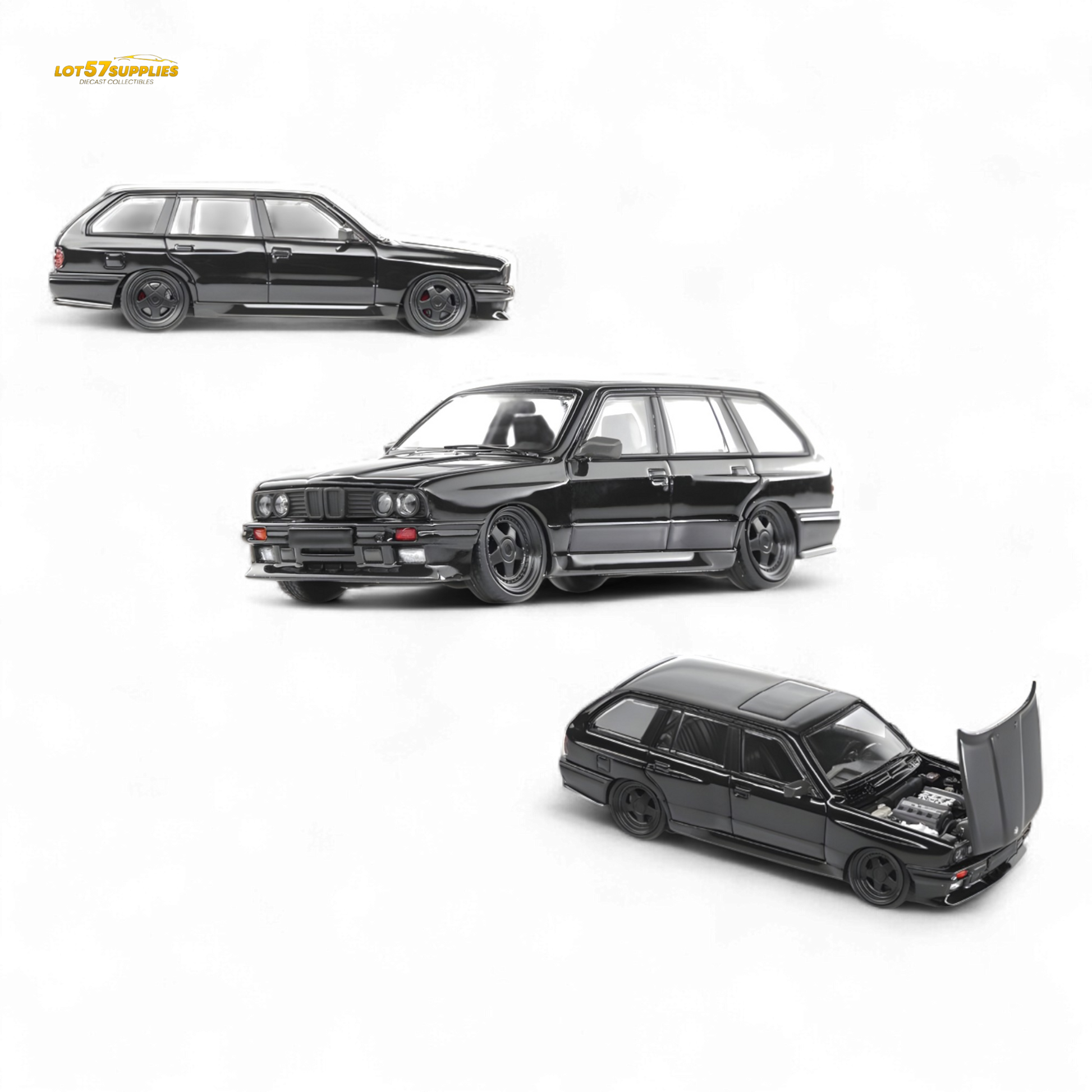Three views of a black car model on a white background
