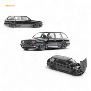Three views of a black car model on a white background
