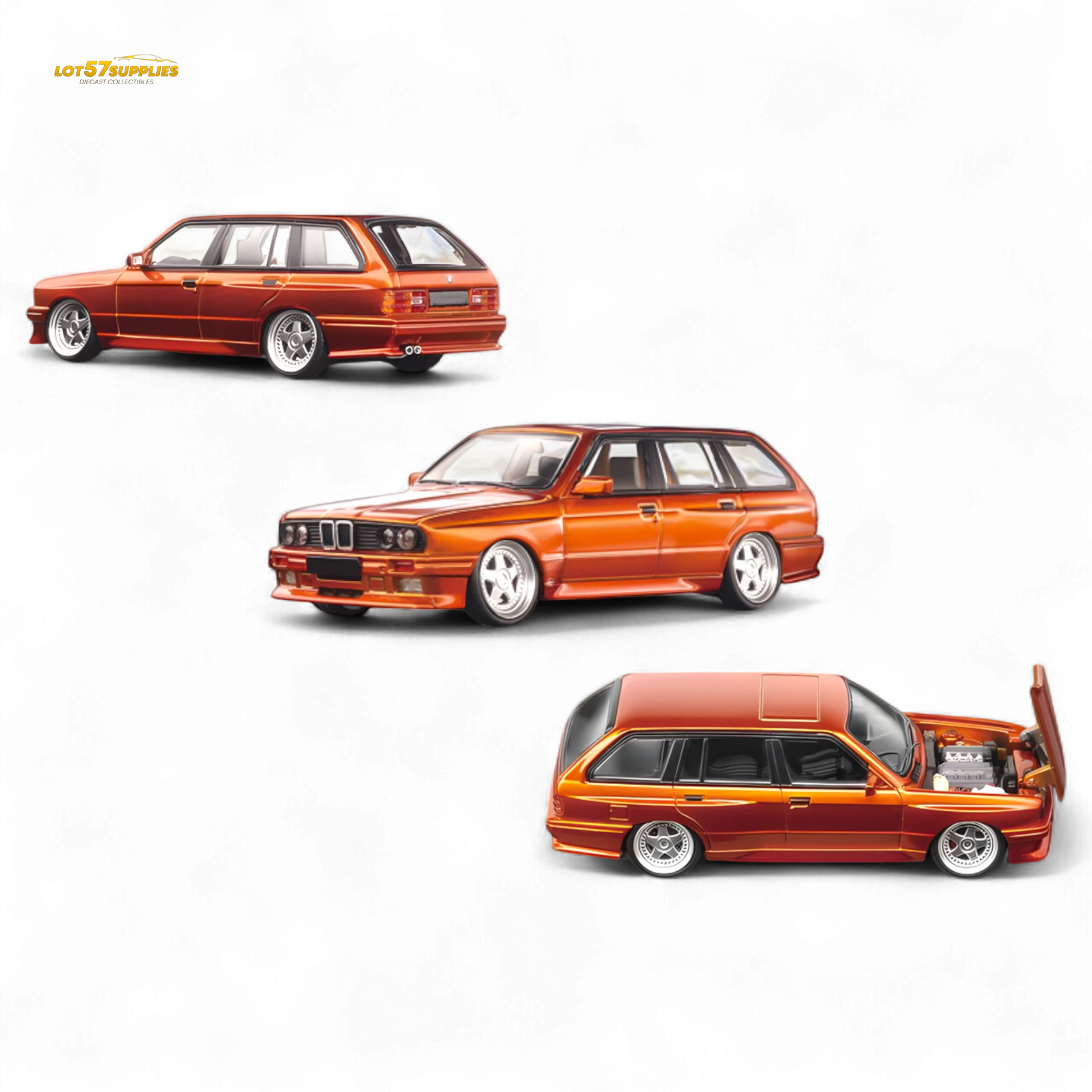 Three views of an orange car on a white background